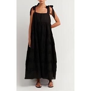DISSH Amma Maxi Dress Tie Shoulder Tiered Linen Blend Black Size 4